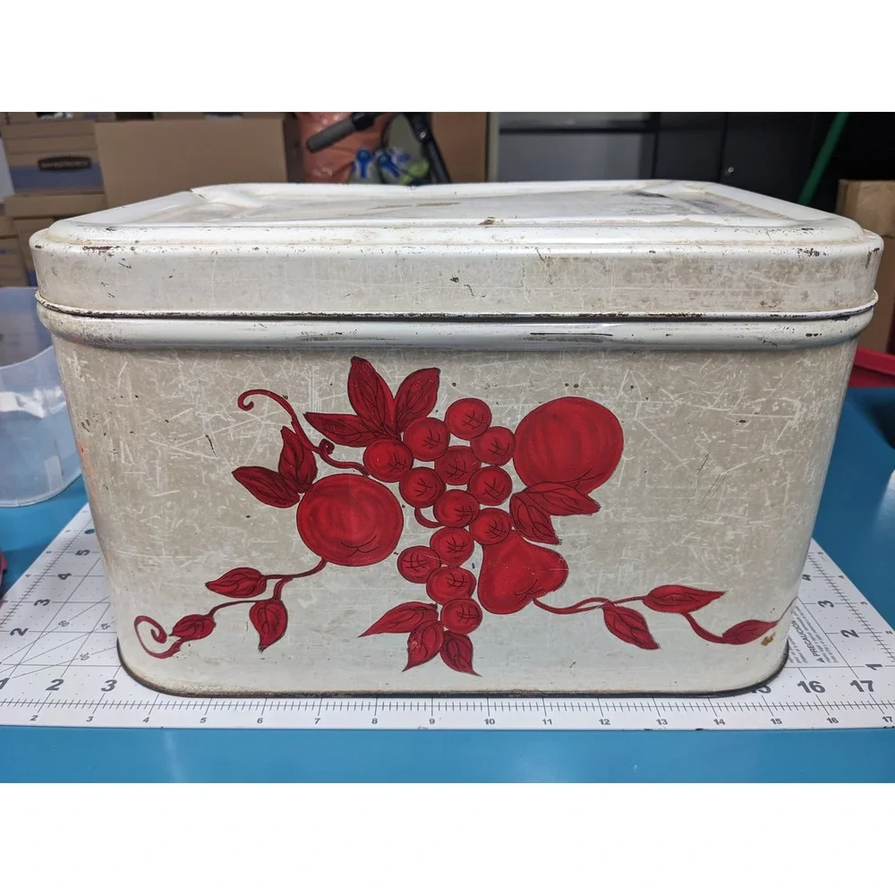 Vintage Metal Bread Box‎ Hand Painted Red Fruit Farmhouse Cream Bread Bin 13.5in